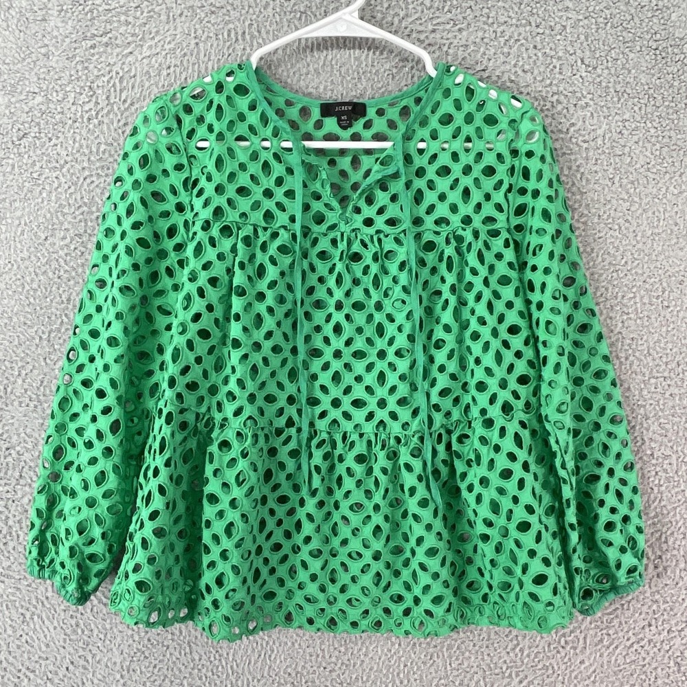 J.CREW Top Womens XS Green Cotton Eyelet Tiered Tunic Blouse Embroidered Casual